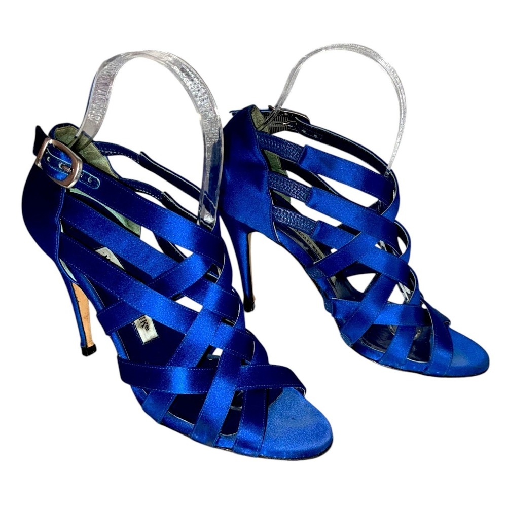 Manolo Blahnik Blue Satin Strappy Cage Sandals‎ Heels EU 37 Made in Italy